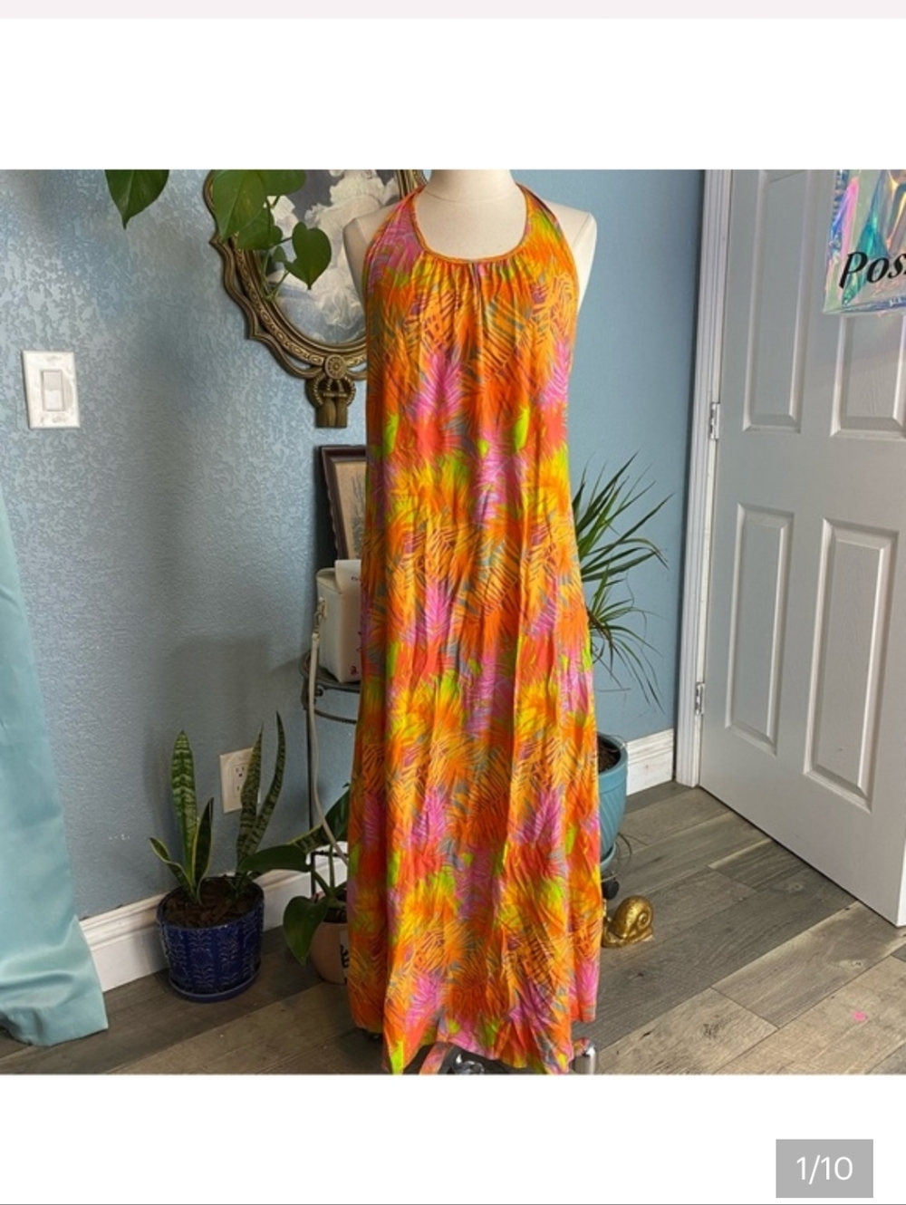 FARM RIO Tropical Halter Maxi Dress/Coverup in Orange, Pink and Lime